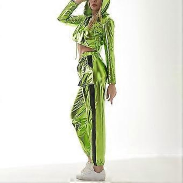 Rave-outfit för damer, glänsande crop top-hoodie, metalliska lediga långbyxor, hoodie-träningssweatshirt, discodans-klubbkläder (XX-Large Ljusgrön)