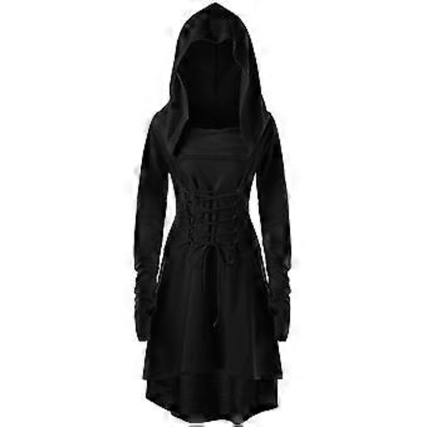 Kvinners renessanse-kostyme, gotisk hettekape, snøring, vintage goth hettegenser, lang hettegenser-kjole, kappe (L svart)