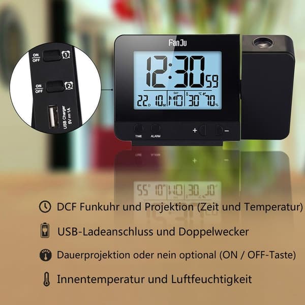 Digital projeksjonsvekkerklokke med temperatur og tidsprojeksjon