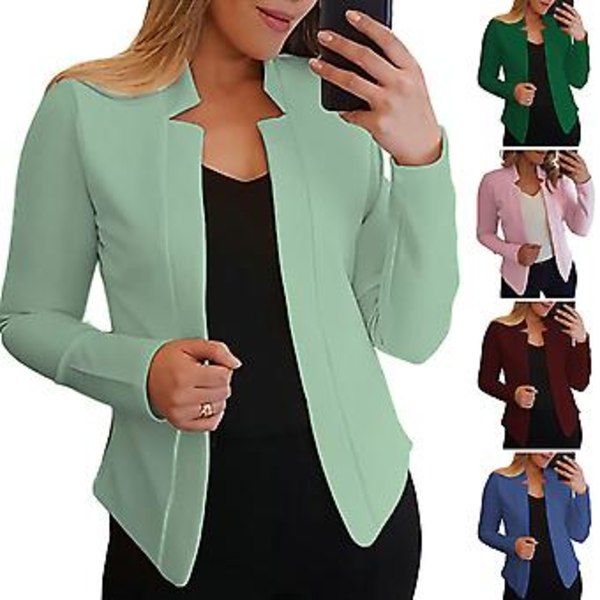 Langærmet Blazer til Kvinder i Solid Farve, Slim Fit, Kontor, Arbejde, Spids Krave, Åben Stitch Cardigan Blazer Yderbeklædning (XL Blå)