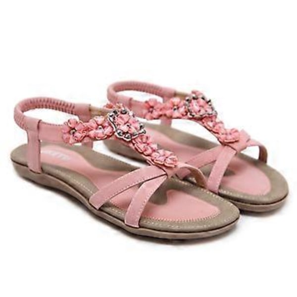 Sommersandaler for kvinner, bohemske blomster, rhinstein, store størrelser, flate sko, strandsandaler (EU 35 Rosa)