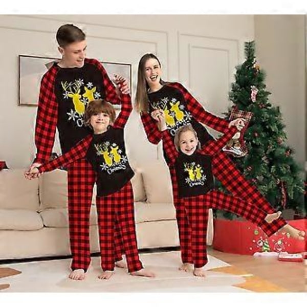 Gylden Hjorteprint Jule-Familiedragt Rundhals Plaid Forår Og Efterår Halloween Hjemmetøj (Far M)
