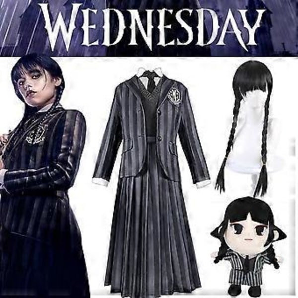 Kvinder Cosplay Party Wednesday Addams Deluxe Kostume Party Sæt Nevermore Academy Uniform Outfit/Parykker/Dukkegaver (S med Paryk)