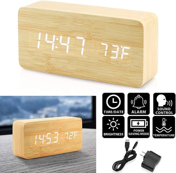 Trädigital väckarklocka, trä multifunktionell LED väckarklocka