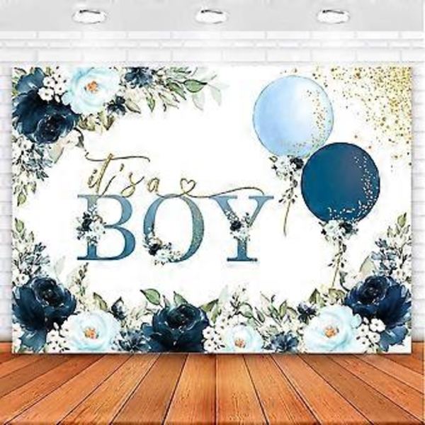Det er en dreng Babyshower Baggrund Blå Blomstret Babyshower Baggrund Guldprikker Dreng Babyshower Baggrund Banner Kagebord Dekorationer (7x5)