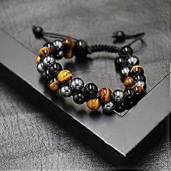 Pxcl Trippel Skyddsarmband, Äkta Tigeröga Svart Obsidian Och Hematit 8mm Pärlarmband För Män Kvinnor, Kristall Smycken Stenarmband Brin