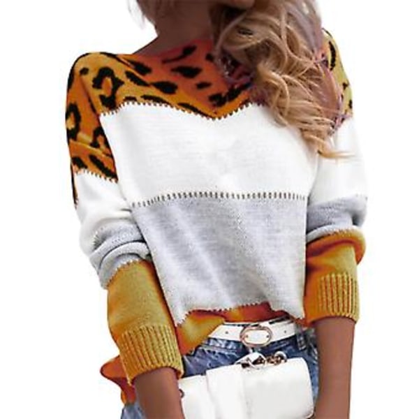 Långärmad Löstsittande Stickad Tröja Höst Vinter Leopardmönstrad Patchwork Färgad Pullover Tröja Damkläder (2XL Gul)