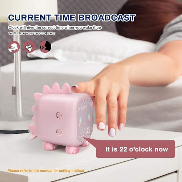 (Pinkki) Söpö lasten herätyskello, monitoiminen säädettävä yövalo Countdown Snooze Voice Con