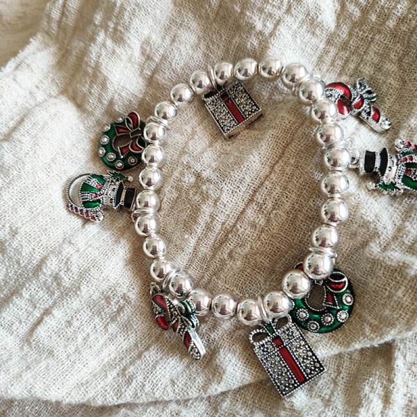 Vintage Christmas Silver Charm Beads Beaded Stretch Armband Stra