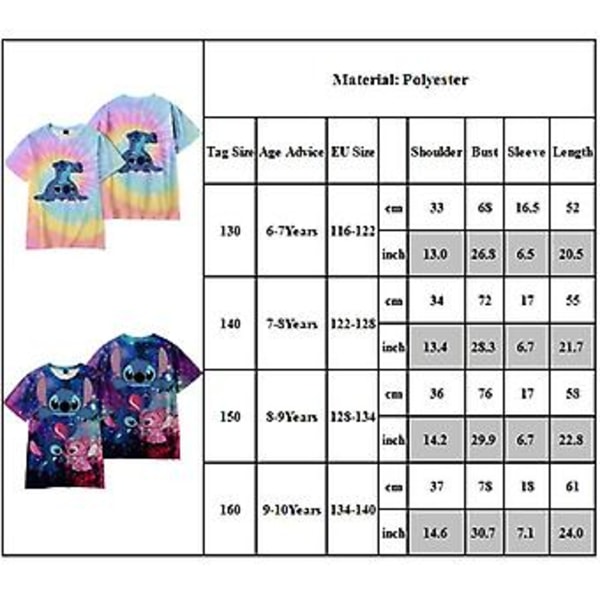 6-10-vuotiaille lapsille Disney Lilo ja Stitch 3D-painatus Cartoon Casual Baggy kesä lyhythihainen T-paita Tee Tops Pojat Tytöt Syntymäpäivä Joululahjat (6-7 vuotta P)