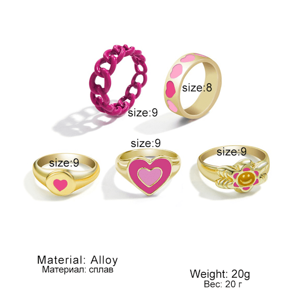 5 st Hjärtformade Fingerringar för Kvinnor Smycken Mode Enkel Emali