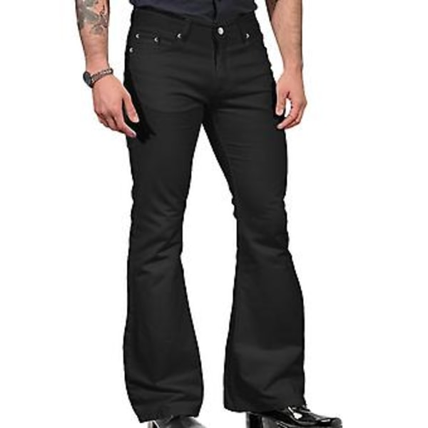 Vintage Jeansbukser Ensfarget Stretch Smal Passform Mid-rise Bell Bottom Bukser Mote Menn Flare Bukser (2XL Svart)