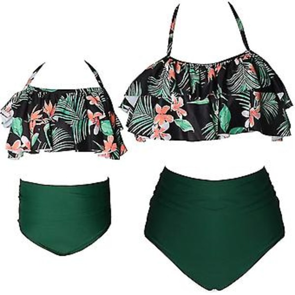 Flickbaddräkt Tvådelad Bikini Set Volang Falbala Badkläder Baddräkter-e( M2023-grön)