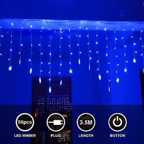Sininen LED-valoverho, Valoverho, LED-tähti, LED-valoketju, 96 LED:tä 3,5 m pitkä valoketju, LED-valoketju ikkunan koristeluun