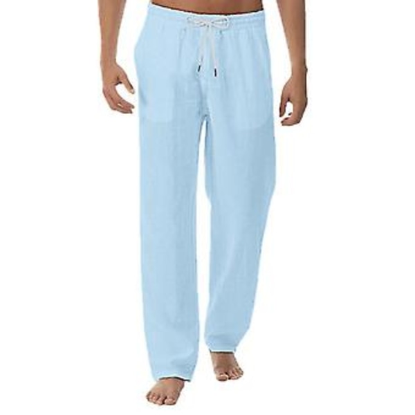 Mænds Linen Look Løse Bukser Elastisk Talje Casual Strand Yoga Bukser-r (XL lyseblå)