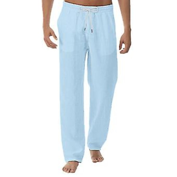 Men Linen Look Baggy Pants Elasticated Waist Casual Beach Yoga Trousers-r (2XL light blue)