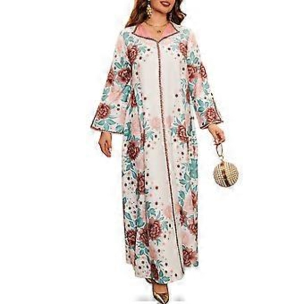 Islamisk Kvindekjole Fuld Længde Kaftan Kjole Blomsterprint Kjole Fuld Længde Islamisk Kjole Mellemøstlig Kåbe Grøn XXL(XXL Grøn)