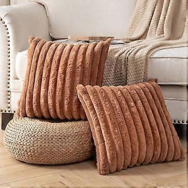 2-pack, Dubbelsidiga Dekorativa Kuddfodral i Konstgjord Päls, Mjuk Randig Kuddfodral i Plysch, Brun 20x20 tum