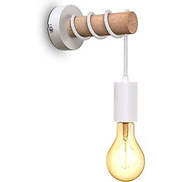 Væglampe, retro industrielt design, træ & metal, stue & soveværelse belysning, E27 fatning, til 10W max LED pære, hvid