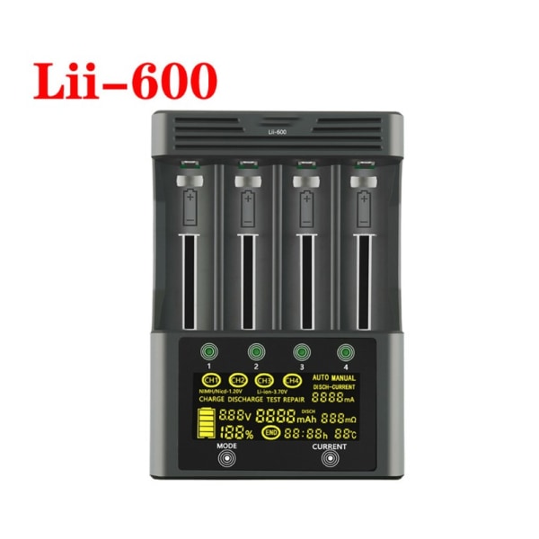 lii-600 LCD 4-fack LCD-batteriladdare Oberoende LCD-display Laddningsurladdningsläge（165mm (längd)