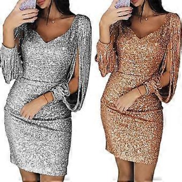 Sexig Mini Klänning för Kvinnor, Glittrig Långärmad Höftklänning, Underbar Paljettklänning med V-ringning och Lång Ärm (XL Grön)
