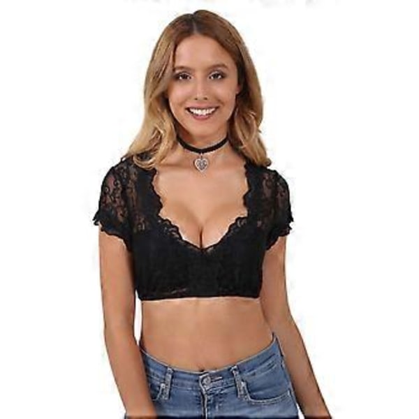 Dirndl-blus för kvinnor, djup V-ringning, halvärmad, spetsad, kortad topp, Oktoberfest-kostym (XL Svart)