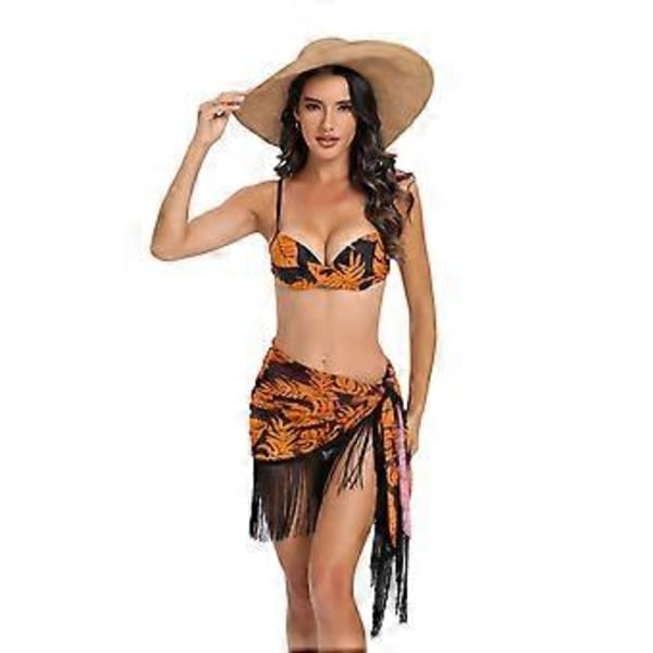 Dame To-delt Bikini Badedragt og Blomstret Strand Sarong Sæt, V-Hals Bikini Top og Højtaljet Underdel Blomstret Badetøj Gul XL(XL Gul)