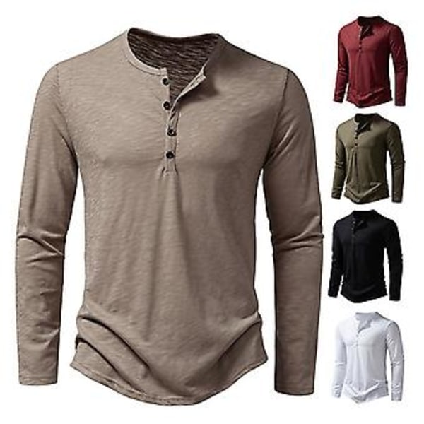 Miesten syksy-kevät T-paita pyöreäkaulainen nappi yksivärinen ohut pitkähihainen pusero pehmeä rento arkikäyttöön pohjapaita urheilullinen vaatetus (XL Khaki)