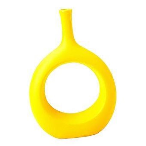 Minimalistinen keraaminen maljakko, Donitsimaljakko pyöreä maljakko kodin pöytätasolle pöytäkoristeeksi (keltainen)