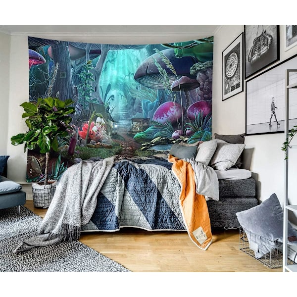 Metsäpuutarhan seinävaate, psykedeelinen hippitapetti kasvi mus
