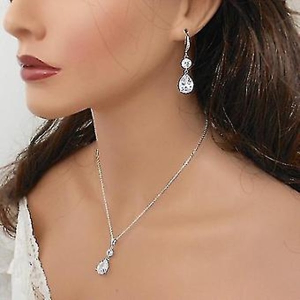 Luksuriøs Mode 925 Standard Sterling Sølv Hvid Krystal Kvinders Øreringe Halskæde Sæt Pynt Bryllup Brud Prinsesse Kærlighed Smykker ( )