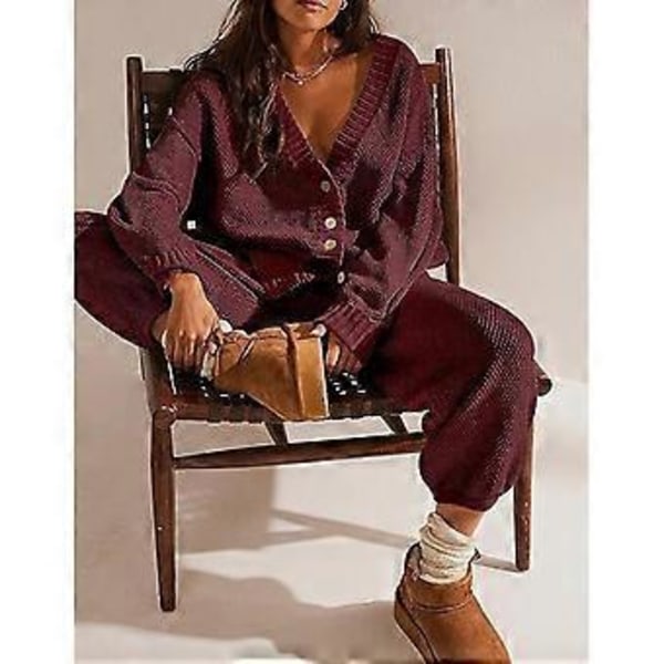 Stickade Loungeset för Kvinnor 2 Delar Långärmad Kofta Tröja Toppar och Mjukisbyxor Set Tvådelade Matchande Outfits Grå XL(XL Grå)