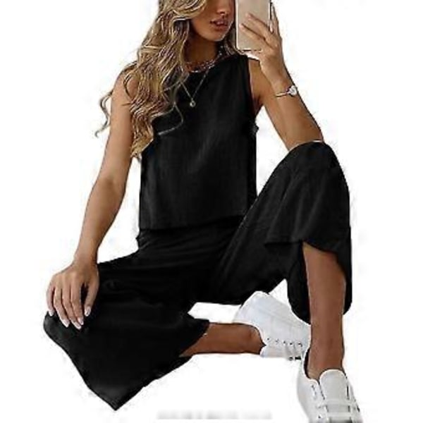 hmwy-dam loungewear ärmlös linne breda ben långbyxor set (M Svart)