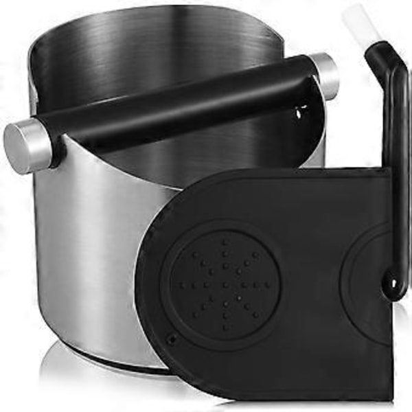 Espresso Knock Box -setti, käytettyjen kahvinporojen säiliö liukumattomalla alustalla ja puhdistusharjalla