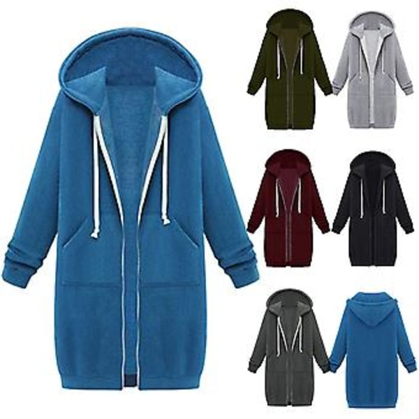Fianao Plus Size Ensfarvet Casual Tyk Hættetrøje Kvinder Lynlås Lang Trøjejakke (XXXXL Hærgrøn)
