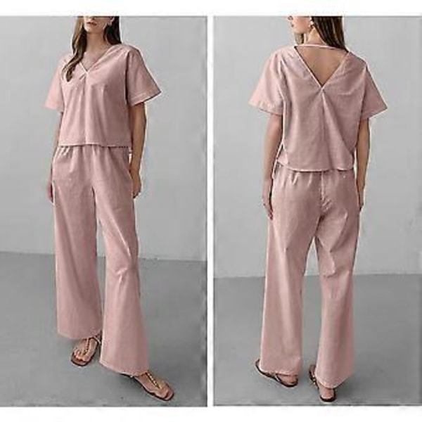 Dam Pyjamas och Byxor Set V-formad Krage Pyjamas Bomull Rygglös Pyjamas Nattbyxor Set (S rosa)