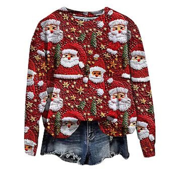 Damer Kvinders 3D Sjove Juletryk Sweatshirt Langærmet Casual Trøje Bluser Julegaver (2XL 5)