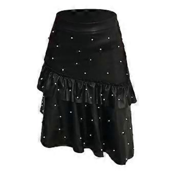 Perler PU Læder Nederdele, Bodycon Flæsekant Sort Casual Nederdele, Dametøj (XXXL)