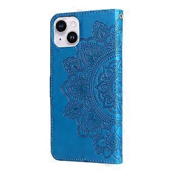 Läderfodral med 7-bladiga blommor för iPhone 15 Plus (Blå)