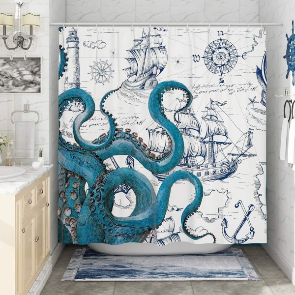 Cool Octopus Bruseforhæng 72\" x 72\" Anime Nautisk Brusebad