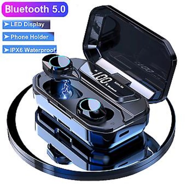 Bluetooth V5.0 Stereo Hörlurar Trådlösa IPX7 Vattentäta Touch Hörlurar Headset (Svart)