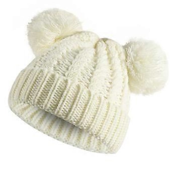 Baby Kids Sød Øreformet Dobbelt Pom Pom Vintervarmer Strikket Beanie Hat 0-8M (Hvid)