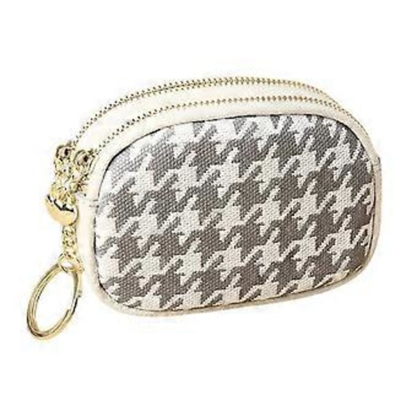 Mini Silm Visitkortsplånbok Trendig Dubbel Dragkedja Houndstooth Mönster Läder Lämplig för Tjejer (Grå)