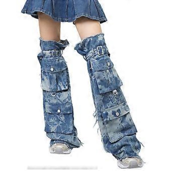 Tie Dye Denims Over Knee Benvärmare med Metallspänne för Kvinnor Harajuku Punk Benöverdrag Lårhöga Utsvängda Strumpor