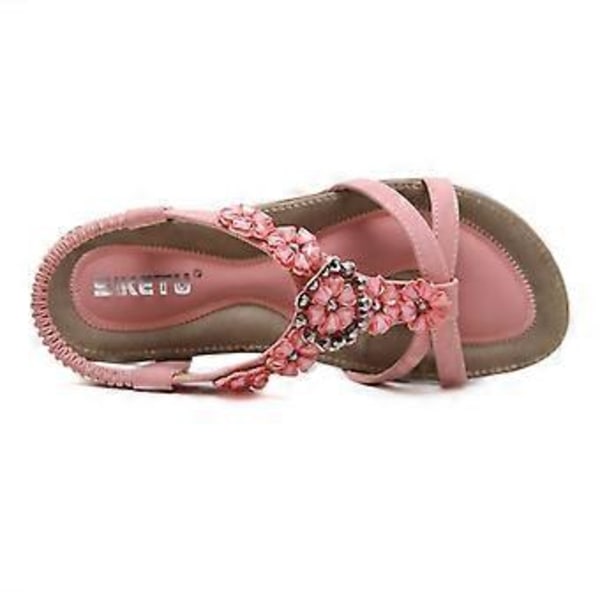 Sommarsandaler för damer, bohemiska blommor, strass, stora storlekar, platta skor, strandsandaler (EU 37 Rosa)
