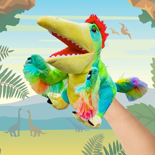 Dinosauriehanddocka, färgglad och personlig realistisk plysch, Raptorleksak, present till barn.