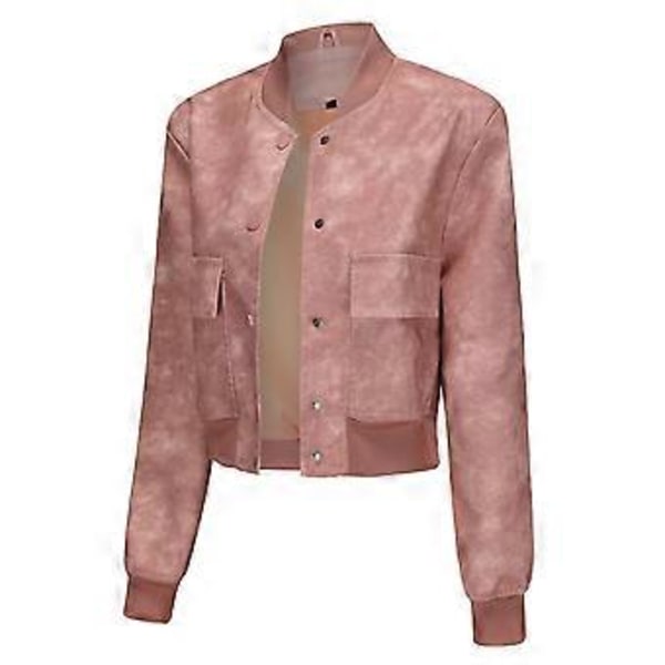 Lös kofta, avslappnad jacka, ribbad modejacka, läderjacka för kvinnor (XL Rosa)