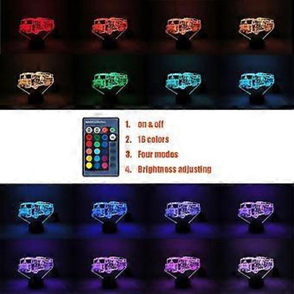 Brannbil nattlys LED 3D illusjon fjernkontroll USB brannmann lampe gave til jul bursdag for barn jente gutt tenåring (brannbil)