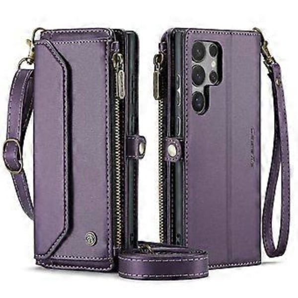 Crossbody Lommebok Etui For Samsung Galaxy S24 Ultra, Magnetisk Flip Kortholder Lærdeksel med Glidelås Lomme For Kvinner (Lilla)