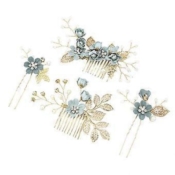 4 st Bröllop Handgjorda Mode Hårkam Set Blommig Brudhårstycke Håraccessoarer Strass Bröllopsklänning Tillbehör (Grön)